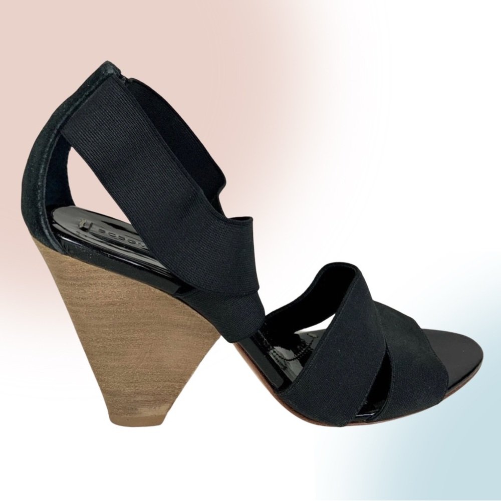 BCBG MAXAZRIA Black Leather & Elastic Strappy Sandals with Stacked Heel - Picture 1 of 12